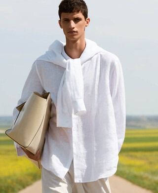 Linen regular fit mandarin collar shirt