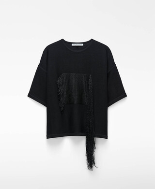 Camisola de manga curta com apliques de r&aacute;fia