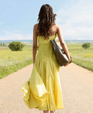 Vestido midi talle fruncido algod&oacute;n