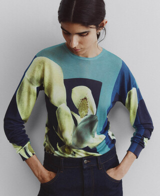 Printed crew collar fine knit sweater
