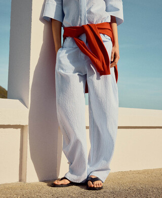 Seersucker striped barrel fit trousers