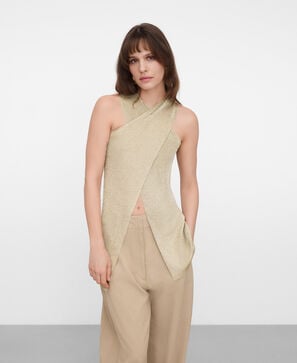 Metallic knit wrap top