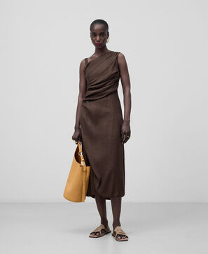 Linen blend midi draped dress woman