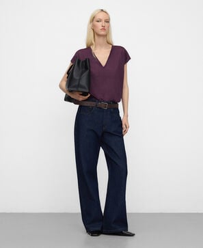 European linen V-neck straight T-shirt