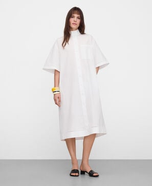 Band collar shirt dress with lace trim