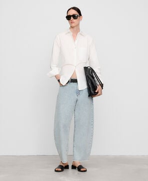 Frayed hem barrel fit denim trousers
