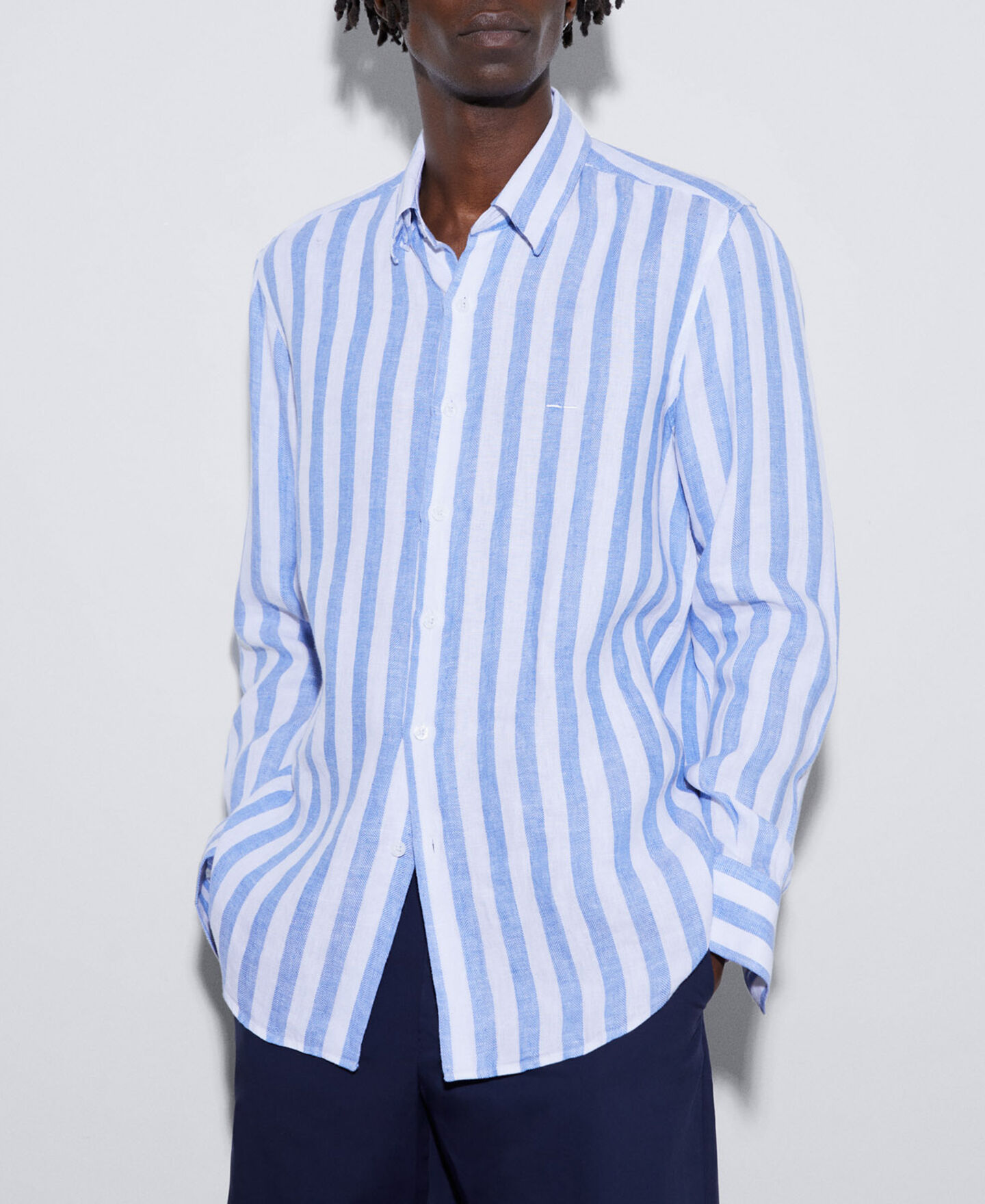 Linen striped shirt with lapel collar