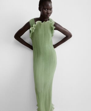 Long crinkle dress with ruffle neckline