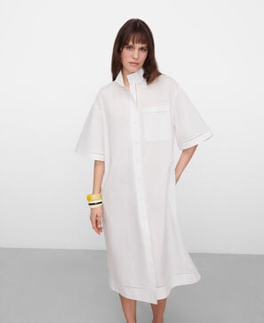 Band collar shirt dress with lace trim
