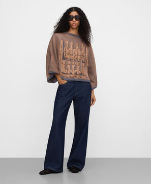 Fringed jacquard knit sweater
