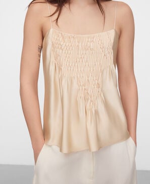 Smocked satin strappy top