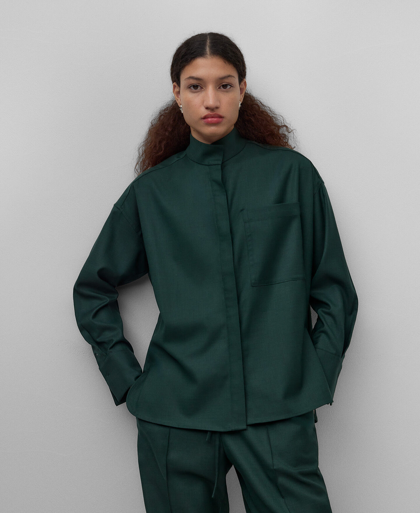 Dark green mandarin collar shirt woman | AD USA