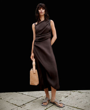 Linen blend midi draped dress woman