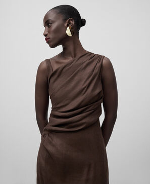 Linen blend midi draped dress woman