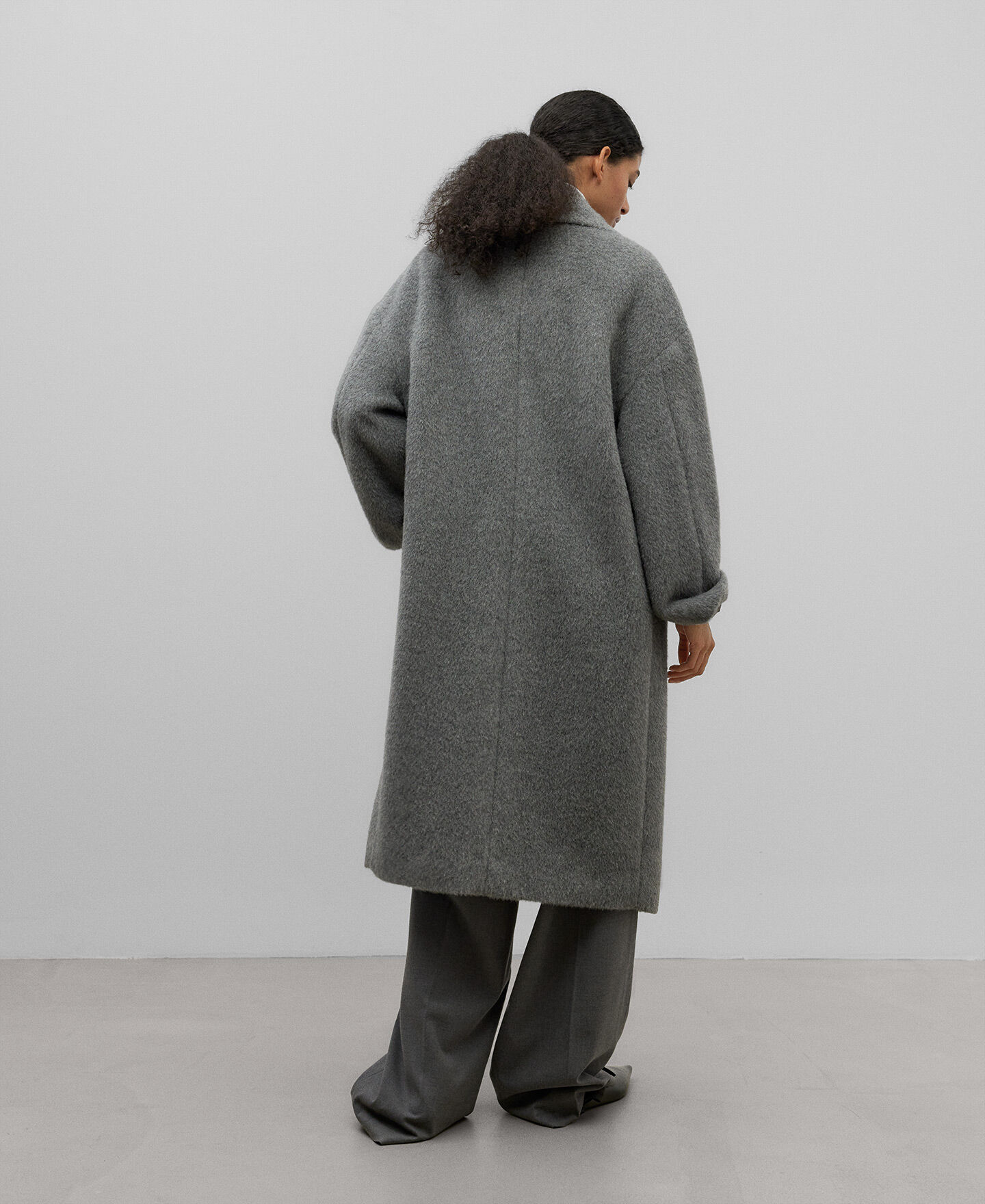Grey alpaca woven coat for women | AD USA