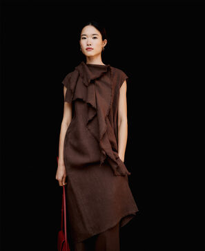 Linen dress with frayed ruffle woman