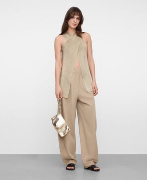 Metallic knit wrap top