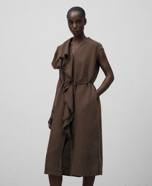 Linen dress with frayed ruffle woman
