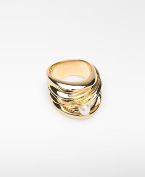 Anillo metálico ancho con perla mujer