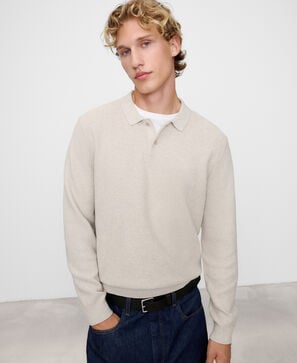 Long sleeve structured knit polo shirt
