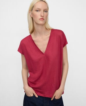 Gerades T-Shirt mit V-Ausschnitt aus europ&auml;ischem Leinen