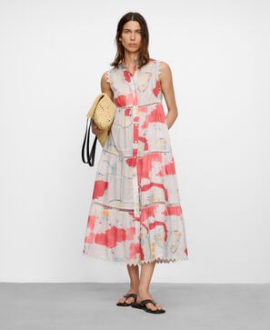 Vestido estampado de algod&atilde;o com entremeio