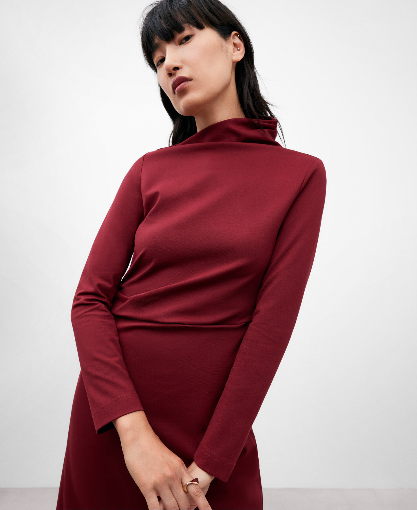 Asymmetric neckline midi dress hot sale
