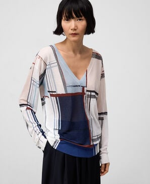 Printed V-neck sweater woman