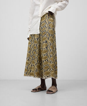 Snake-print linen cropped trousers woman