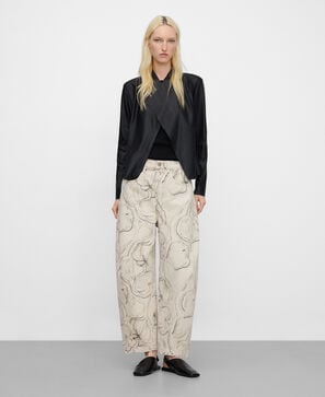 Printed denim barrel fit trousers