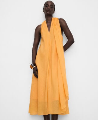 yellow dress with neck scarf Kaycee Strapless Maxi clean bandeau neckline Bias cut shape for the perfect drape Bestselling hammered satin Soft chiffon neck scarf dyed to match the dress Domenica is 59 and wears a UK Size 8 Fabric Scarf-collar ramie long dress |