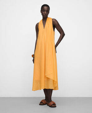 Scarf-collar ramie long dress