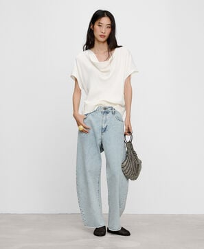 Double-fabric draped neckline T-shirt