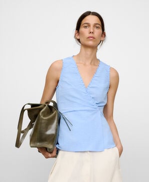 Cotton seersucker wrap neckline top