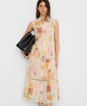 Vestido estampado de algod&atilde;o com entremeio