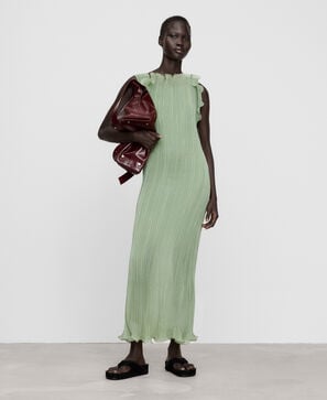 Long crinkle dress with ruffle neckline