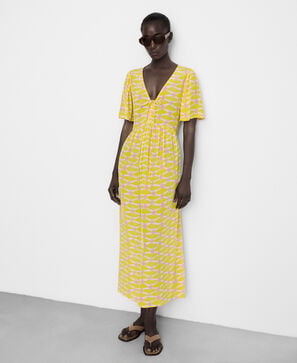 Printed dress with drawstring V-neckline