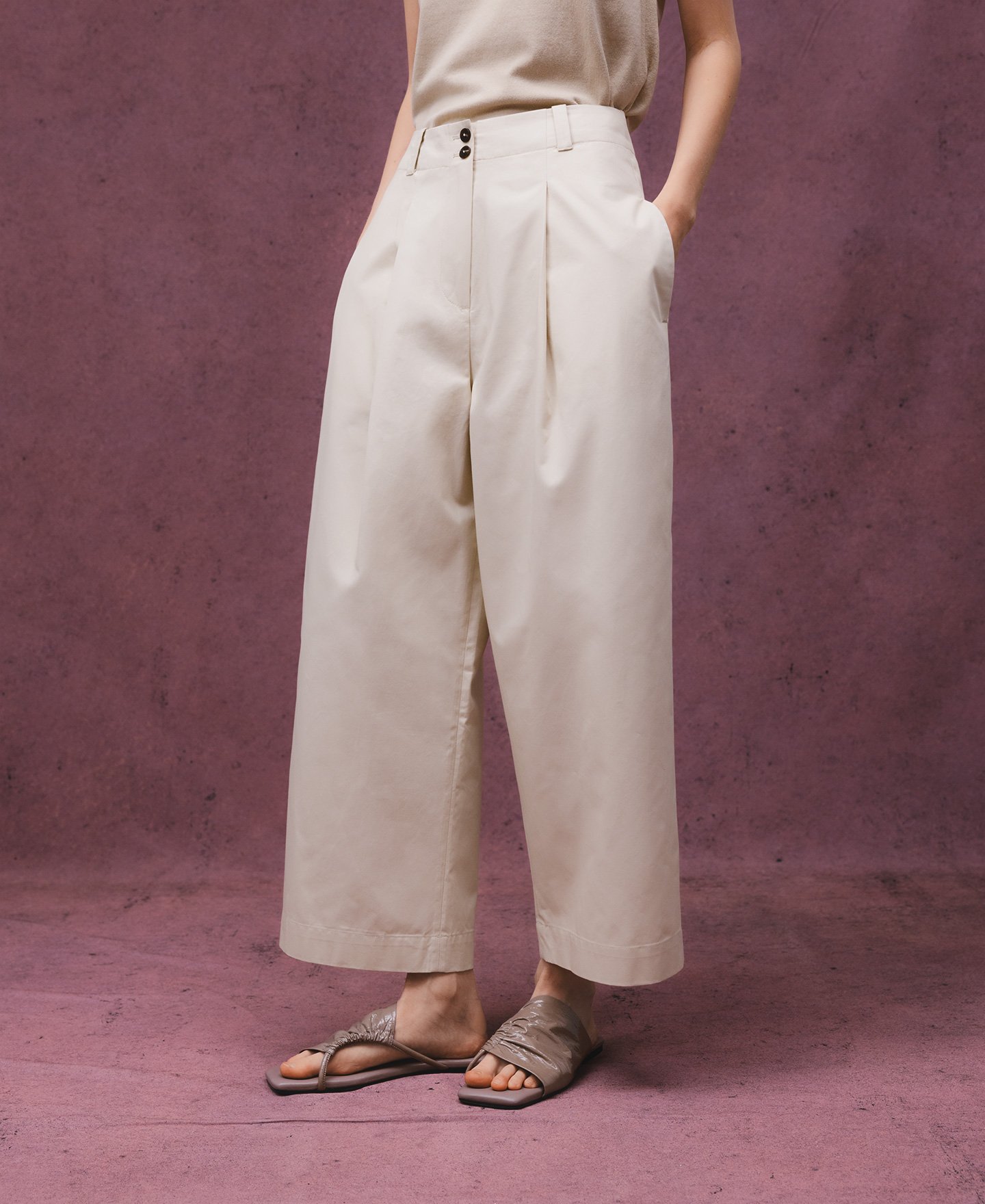 Pantalon taille haute en coton femme image number 0