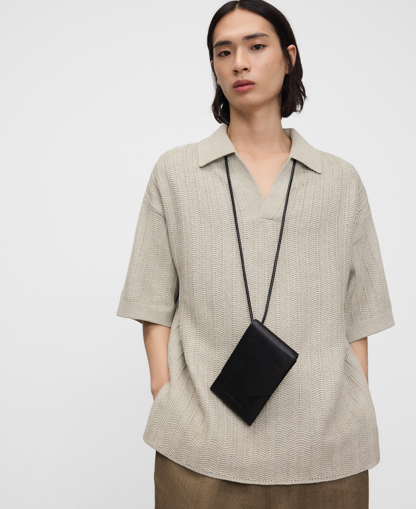 Raffia texture oversize polo shirt image number 0