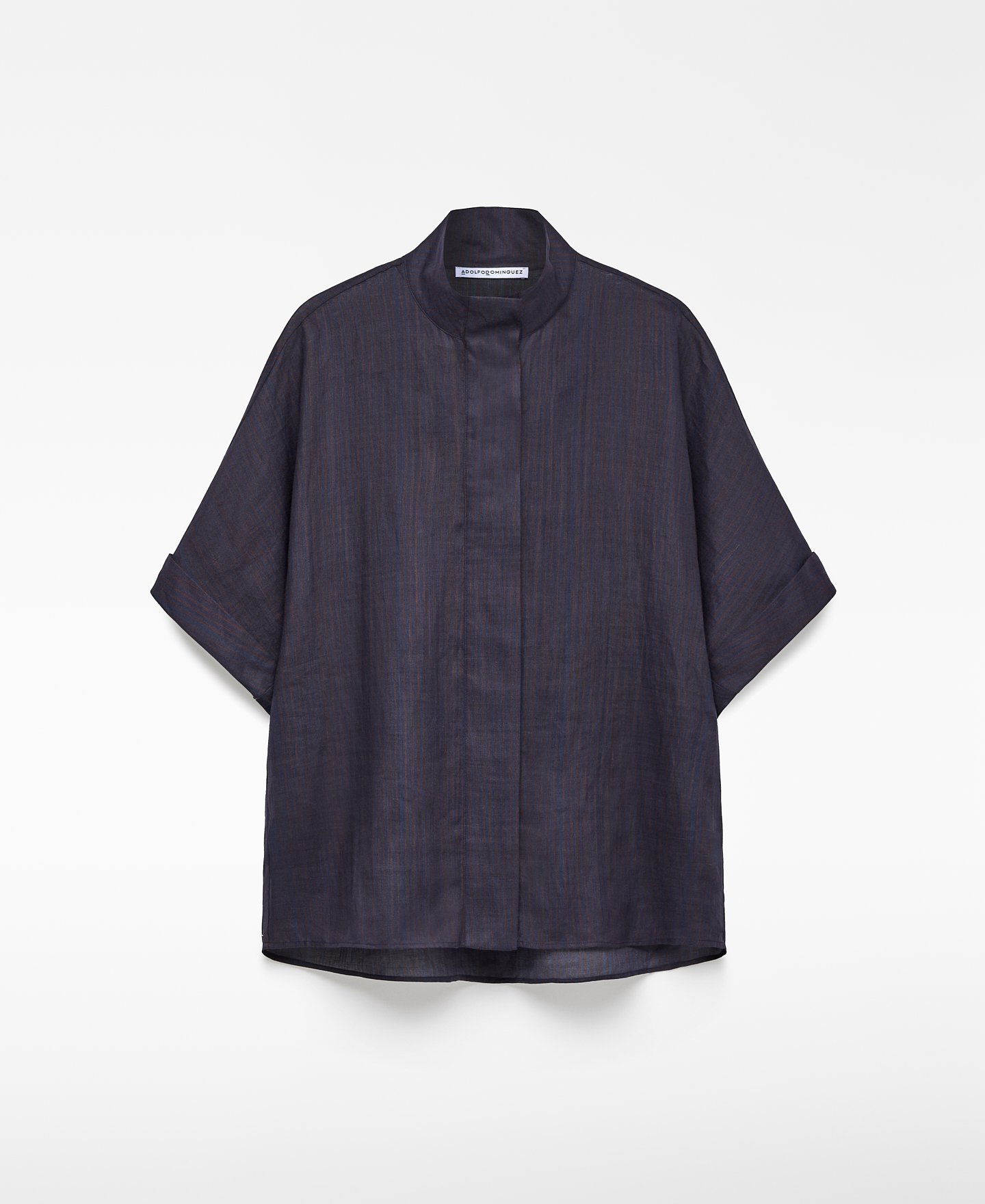 Ramie striped funnel collar shirt woman image number 4