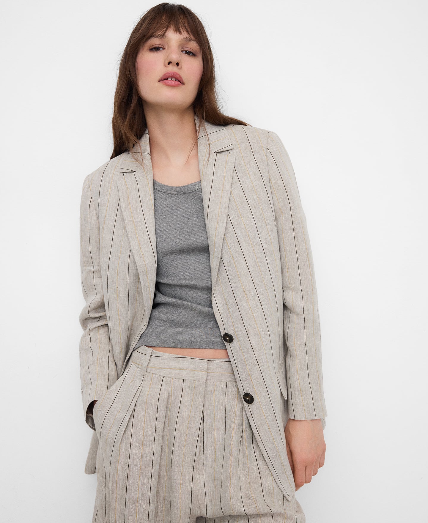 European linen striped straight blazer image number 0