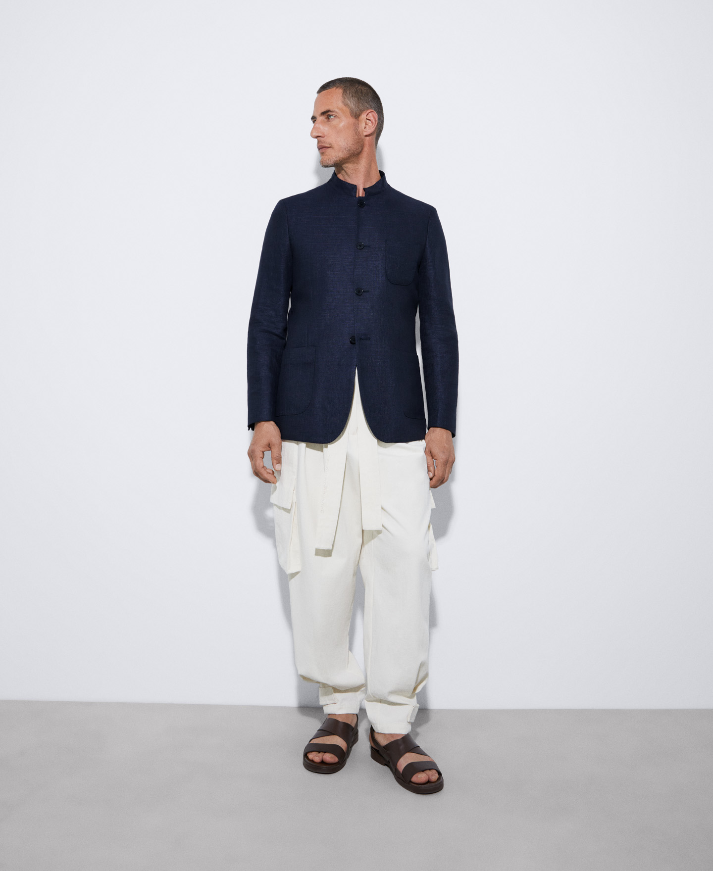 Cotton and linen Mao collar blazer image number 1