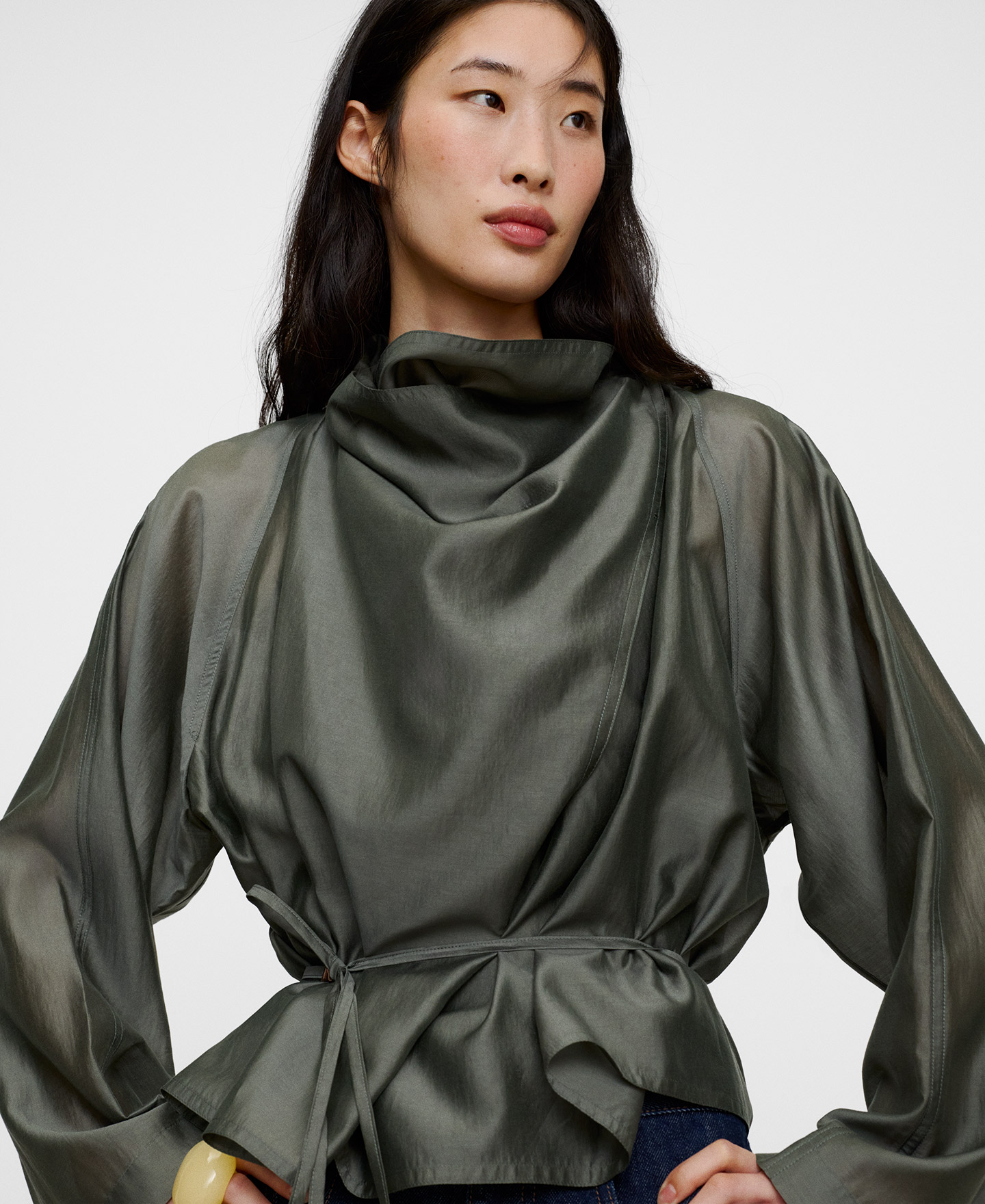 Draped funnel neck cross-front shirt image number 0