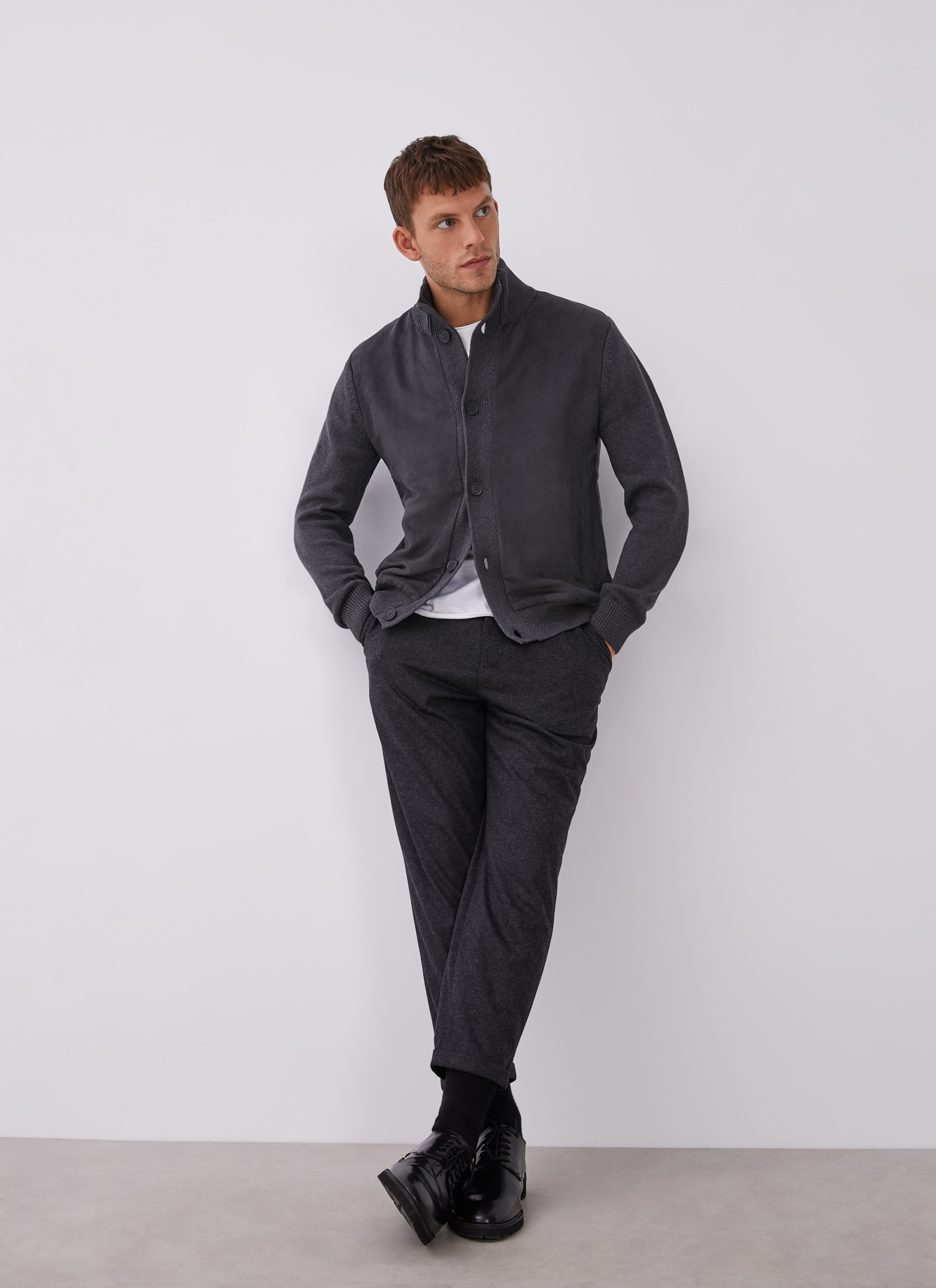 Buttoned cardigan with suedette front image number 5