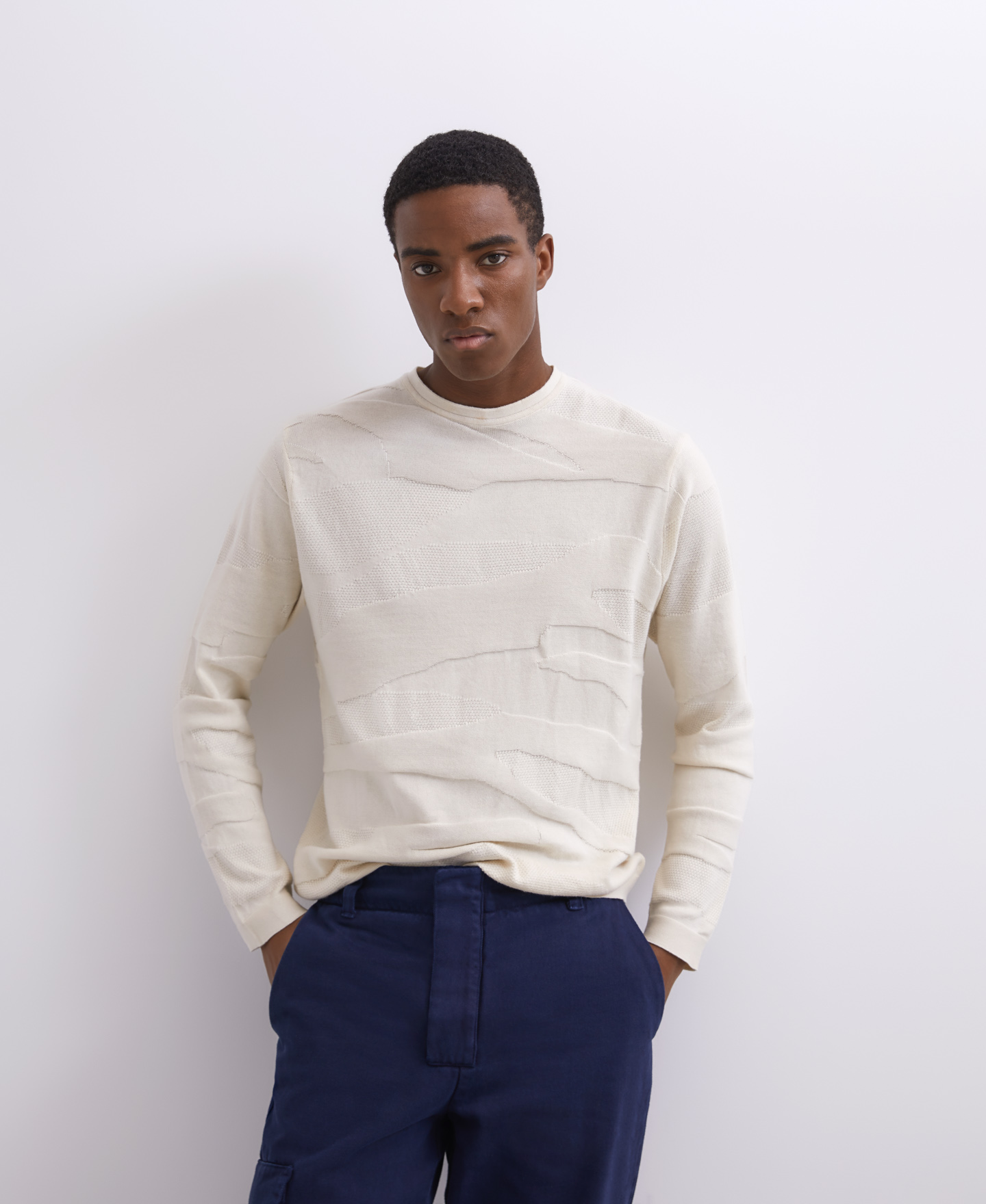 Cotton intarsia round neck sweater image number 0