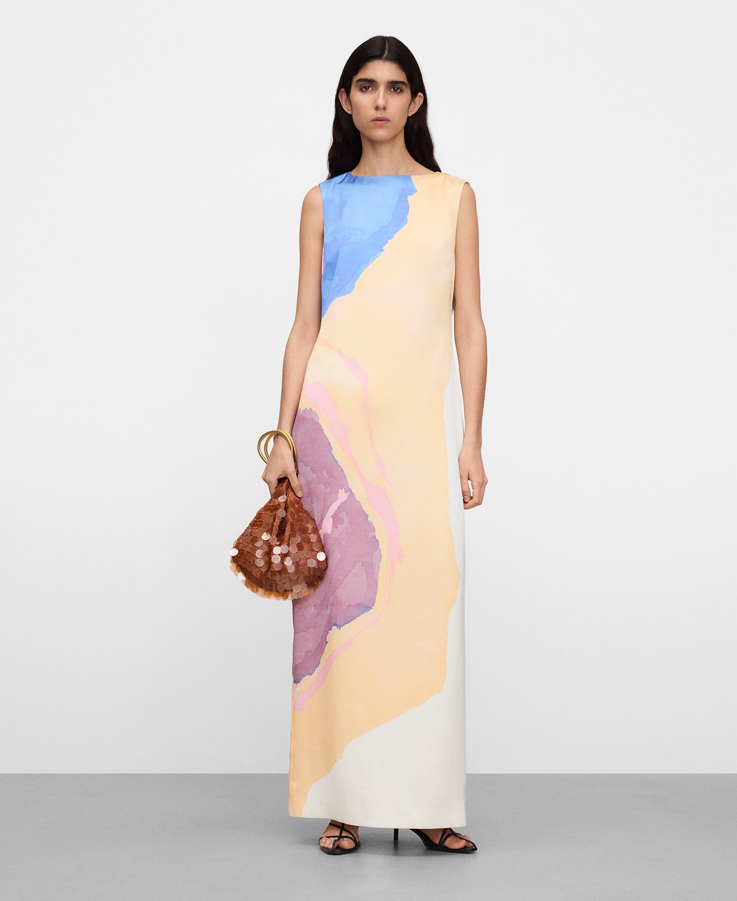 Long printed dress with an overlay cape image number 1