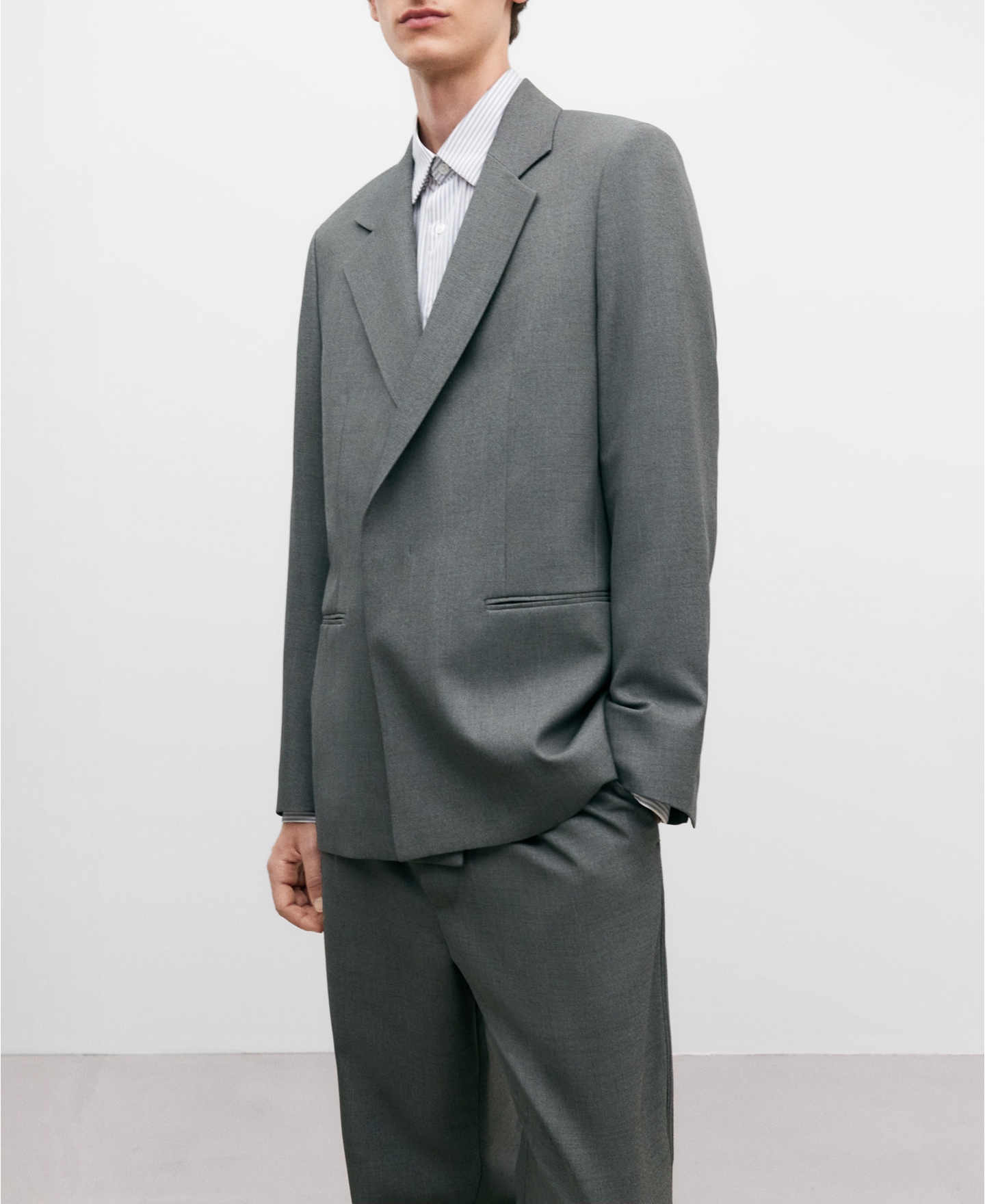 Grey melange one button blazer for men image number 0
