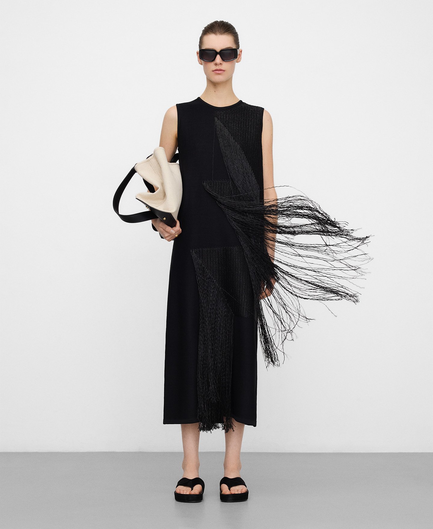 Intarsia knit dress with fringe image number 1