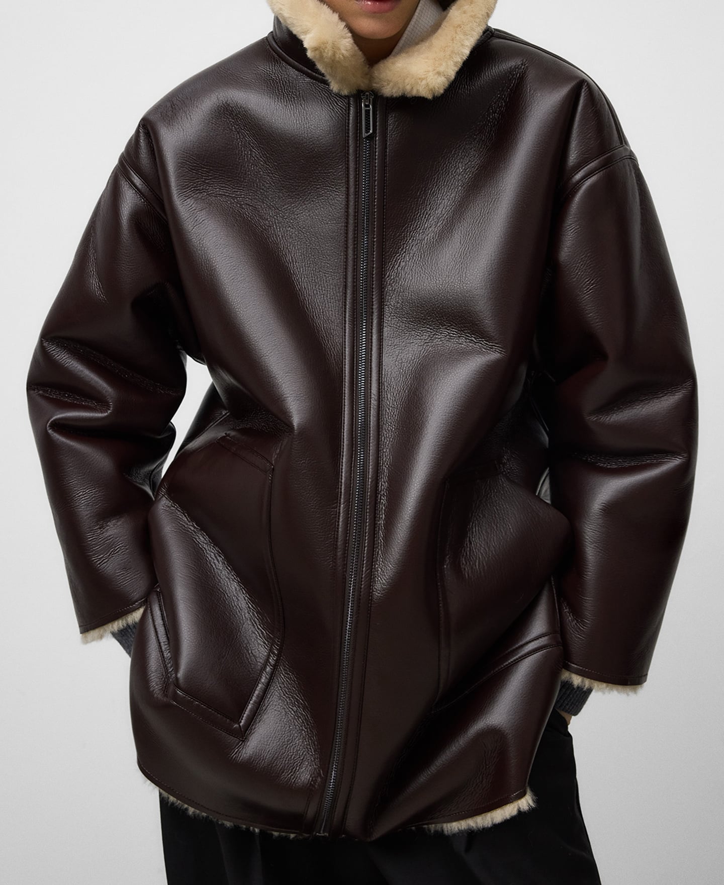 Leather-Non-Leather zip-up coat image number 0