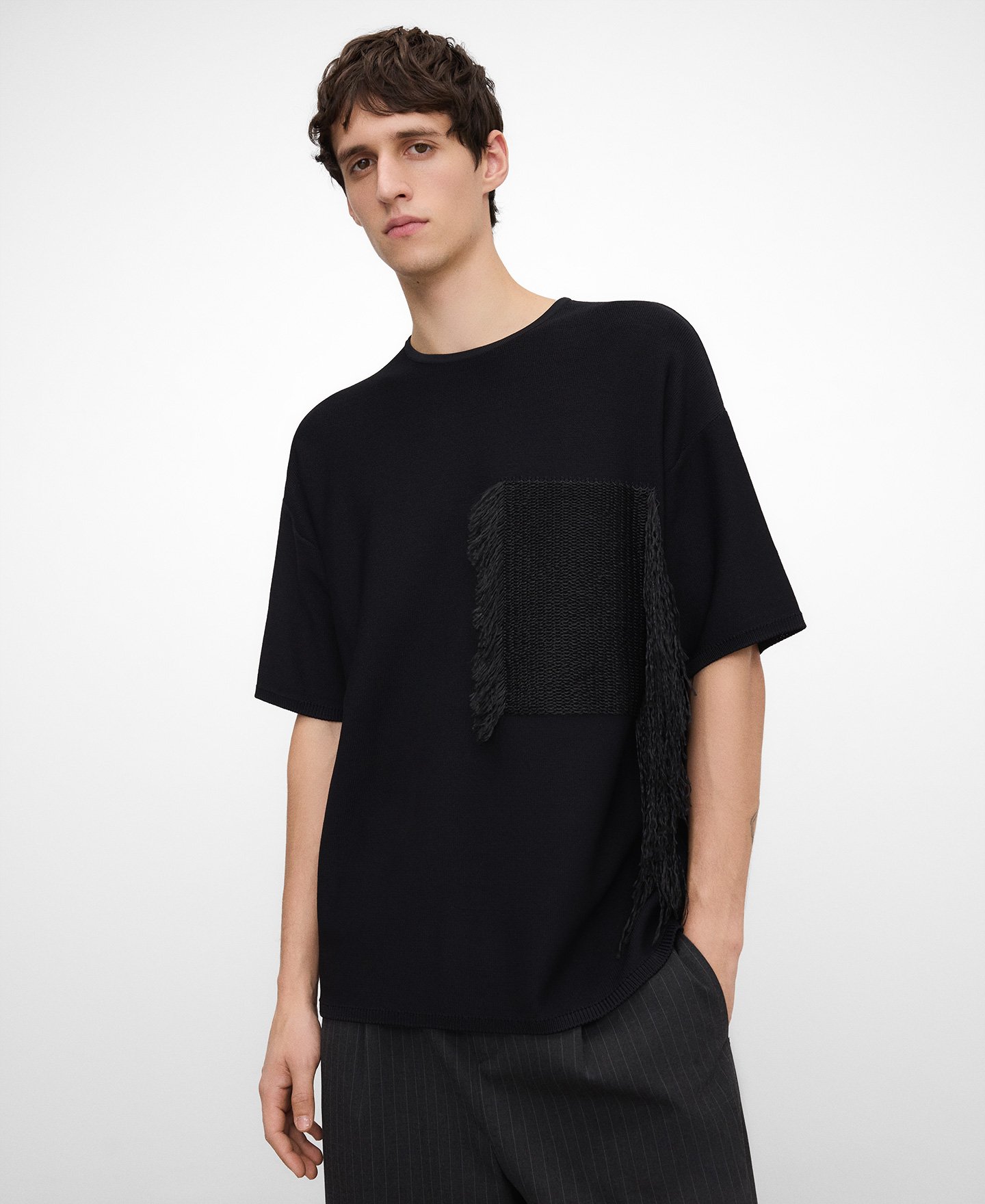 Raffia detail short sleeve sweater man image number 0